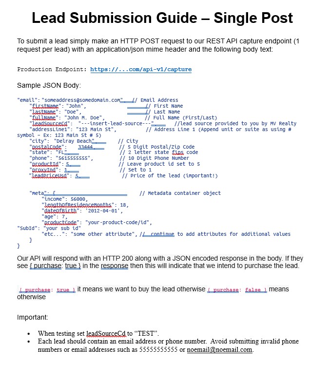 Direct post API documentation showing single endpoint and binary purchase response