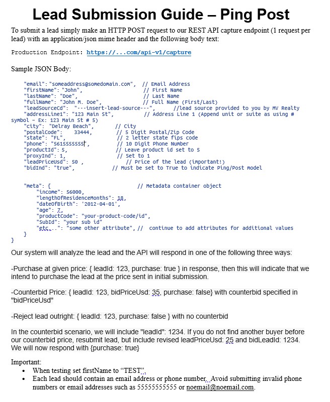 Ping/post API documentation showing endpoint, JSON body structure, and three-way response logic