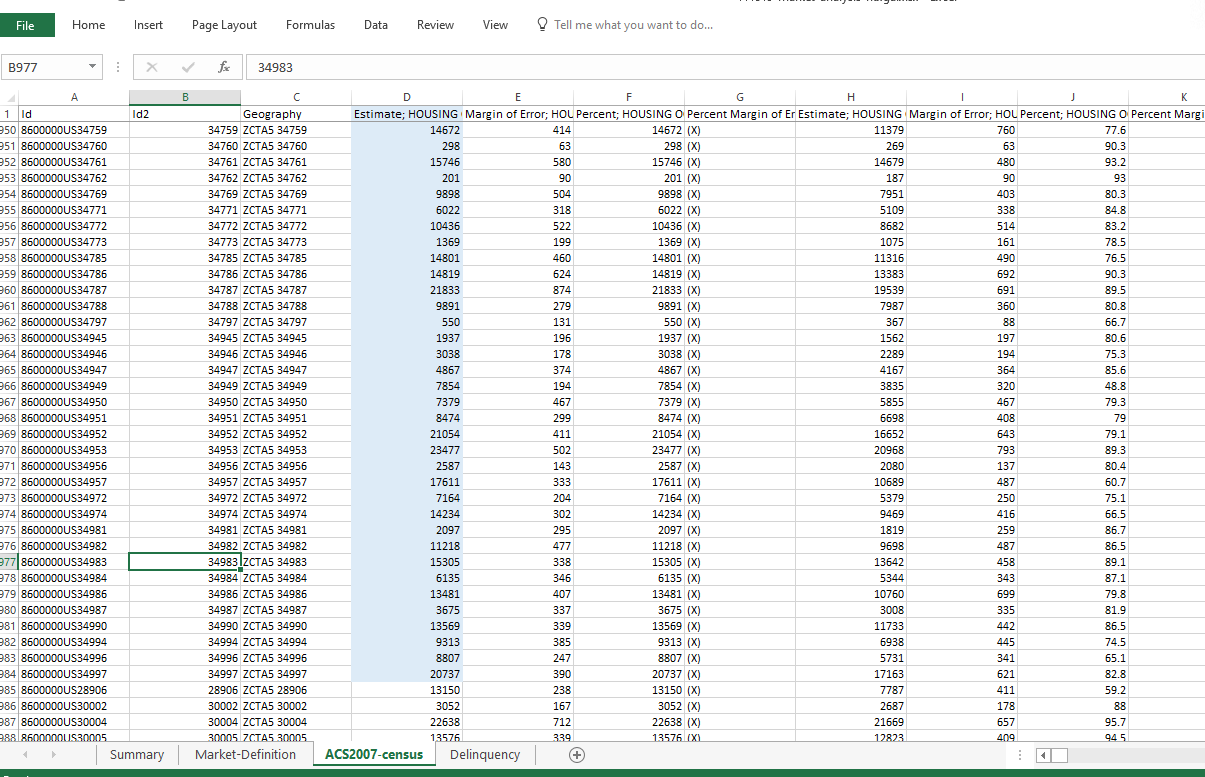 Raw ACS Census data import showing ZIP-level housing estimates, ownership data, and tenure cohorts