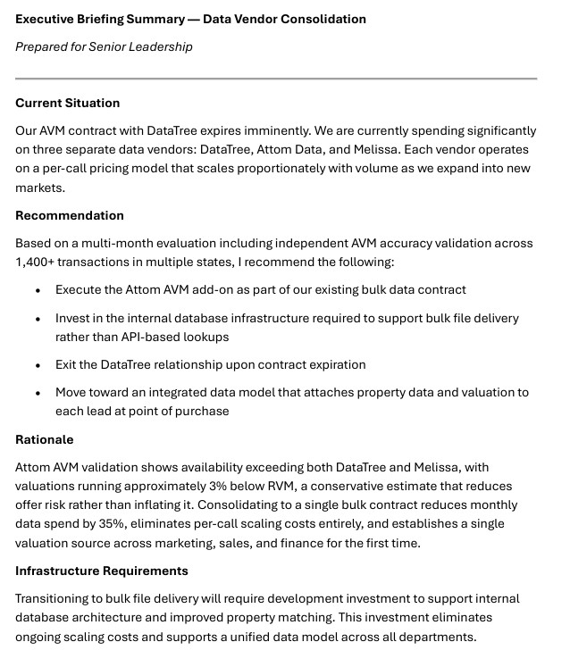 Executive briefing summary document showing recommendation to consolidate to Attom AVM bulk contract