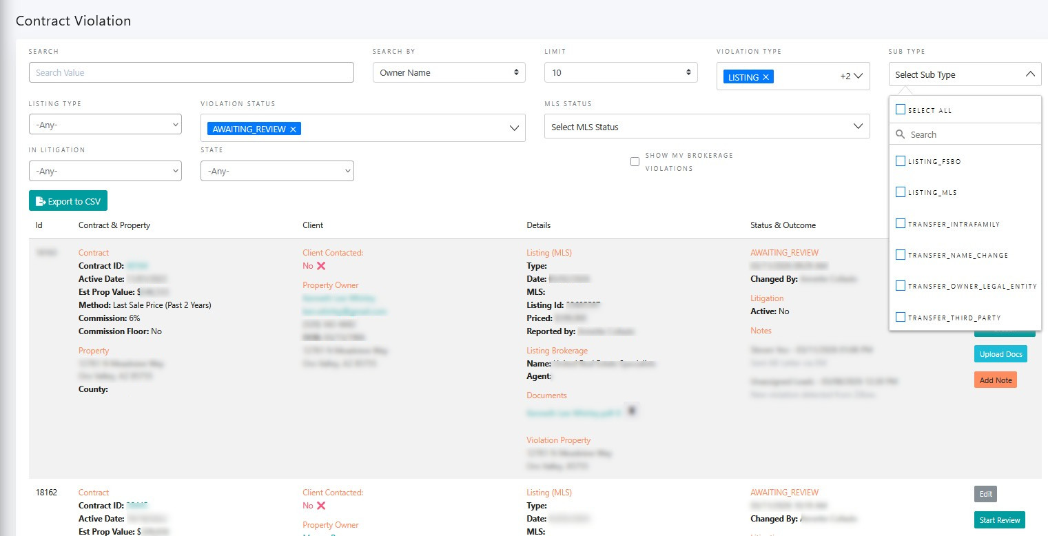 Contract violation list view showing violation type taxonomy, status filters, and violation records