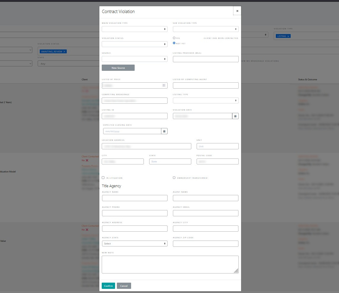 Contract violation creation modal showing violation type, status, source, listing details, and disposition fields